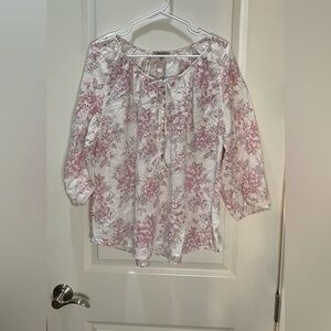 Soirée Linen Blend White and Pink Floral Top Size 2X